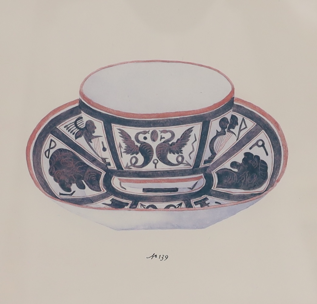 Set of six modern colour prints of tea cups and saucers, 16.5 x 16.5cm